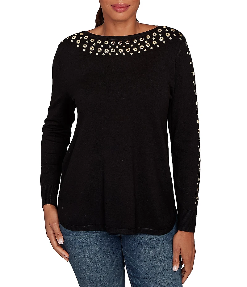 Ruby Rd. Petite Size Gleaming Grommet Embellished Fine-Gauge Boat Neck Sweater