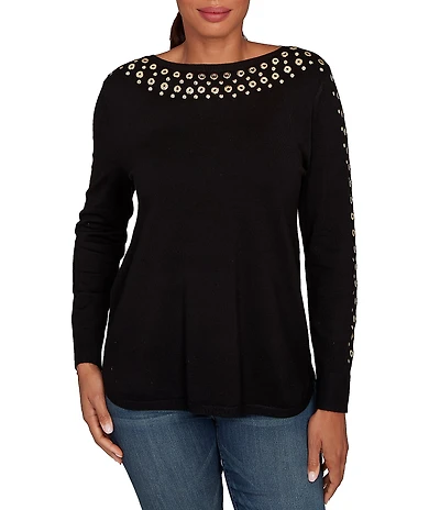 Ruby Rd. Petite Size Gleaming Grommet Embellished Fine-Gauge Boat Neck Sweater