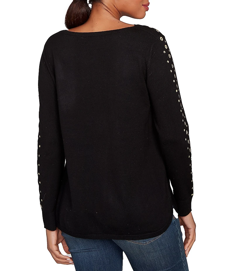 Ruby Rd. Petite Size Gleaming Grommet Embellished Fine-Gauge Boat Neck Sweater
