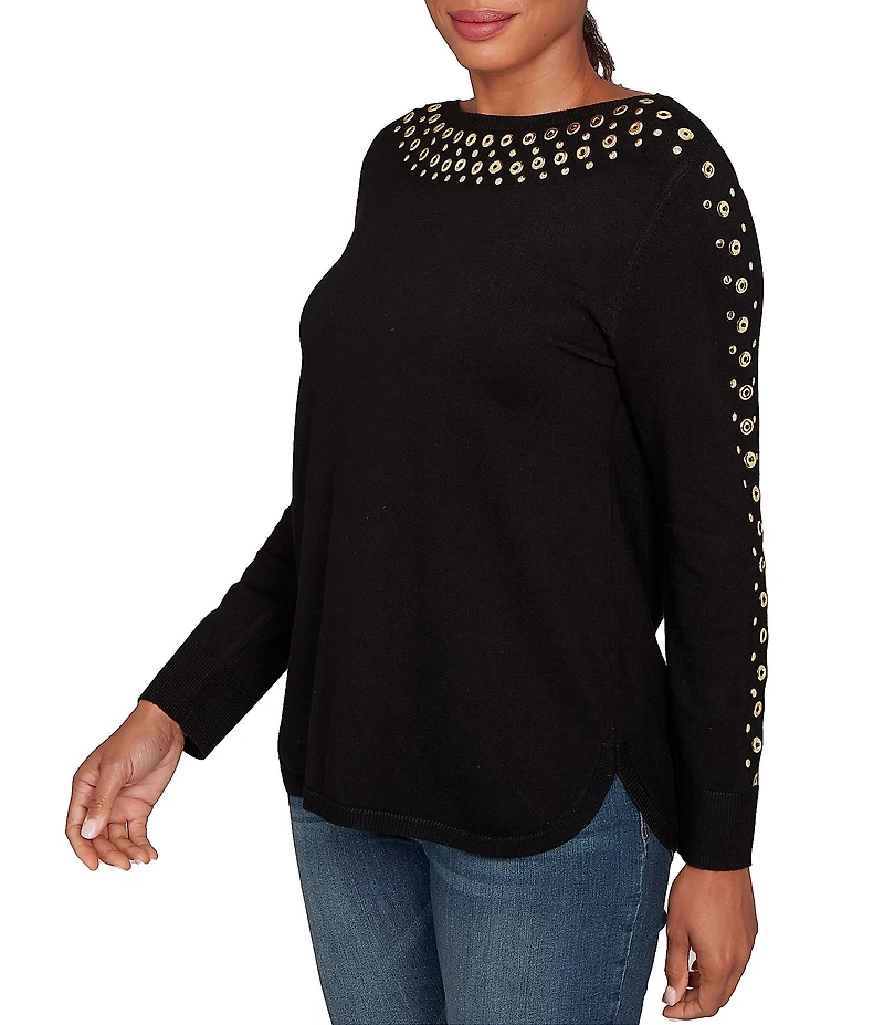 Ruby Rd. Petite Size Gleaming Grommet Embellished Fine-Gauge Boat Neck Sweater
