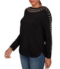 Ruby Rd. Petite Size Gleaming Grommet Embellished Fine-Gauge Boat Neck Sweater
