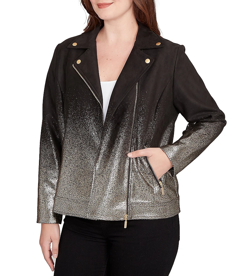 Ruby Rd. Petite Size Gold Ombre Foil Faux Vegan Suede Moto Jacket