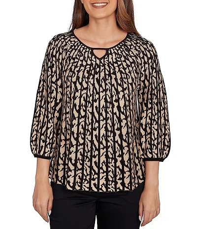 Ruby Rd. Petite Size Gored Jacquard Textured Animal Print Keyhole Neck 3/4 Sleeve Sweater