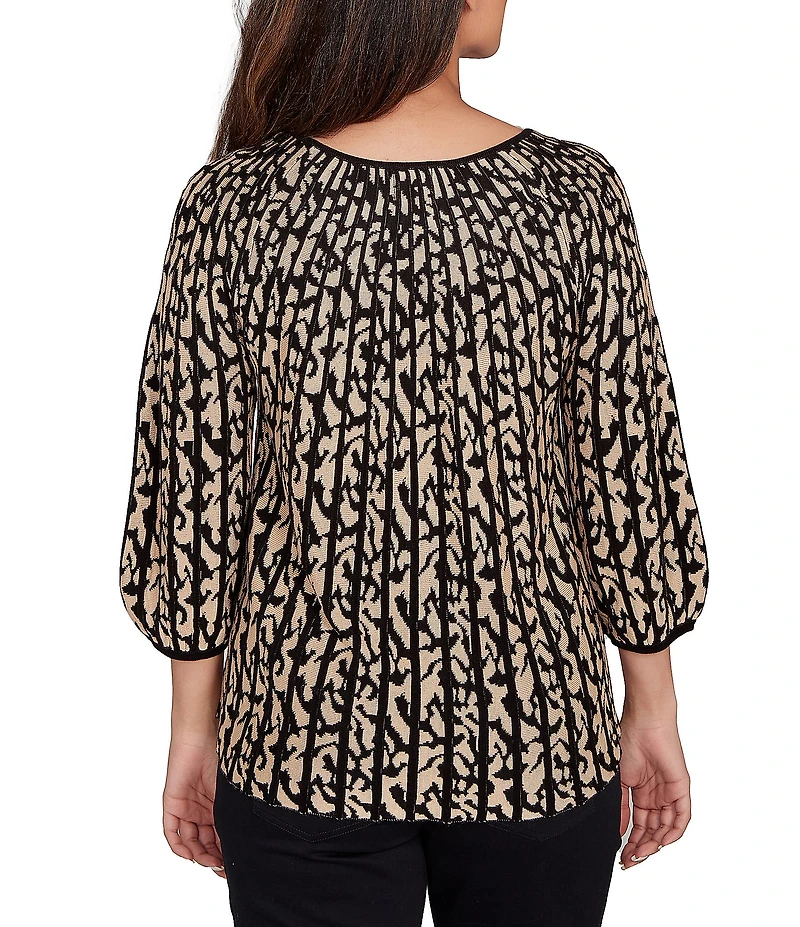 Ruby Rd. Petite Size Gored Jacquard Textured Animal Print Keyhole Neck 3/4 Sleeve Sweater