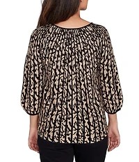 Ruby Rd. Petite Size Gored Jacquard Textured Animal Print Keyhole Neck 3/4 Sleeve Sweater
