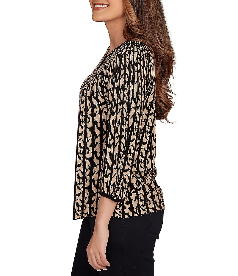 Ruby Rd. Petite Size Gored Jacquard Textured Animal Print Keyhole Neck 3/4 Sleeve Sweater