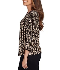 Ruby Rd. Petite Size Gored Jacquard Textured Animal Print Keyhole Neck 3/4 Sleeve Sweater