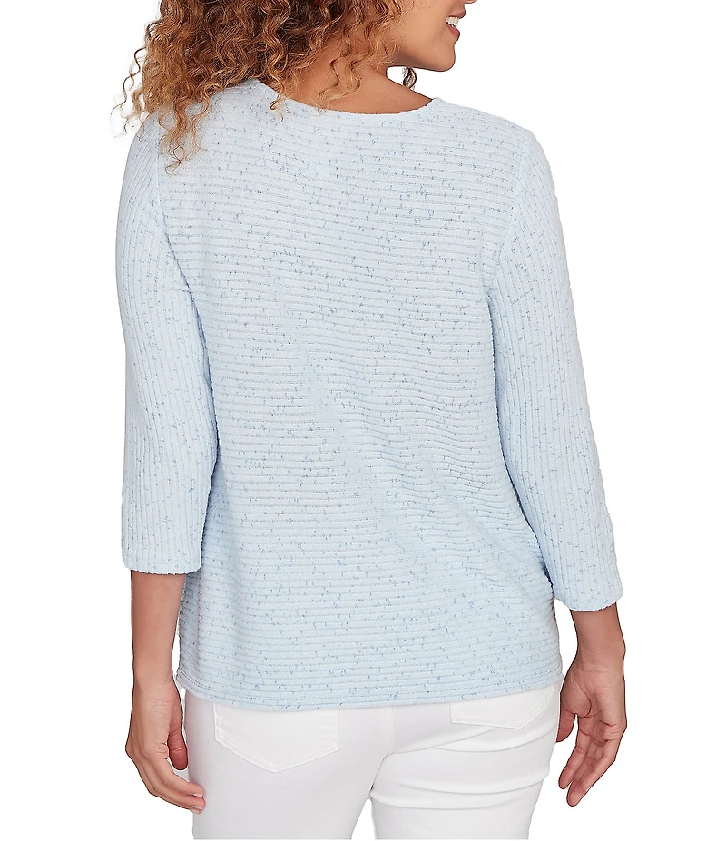 Ruby Rd. Petite Size Heather Speckeled Ribbed Knit Crew Neck 3/4 Sleeve Side Vented Top