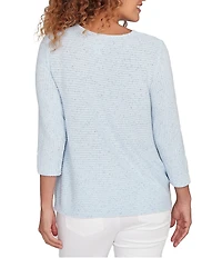 Ruby Rd. Petite Size Heather Speckeled Ribbed Knit Crew Neck 3/4 Sleeve Side Vented Top