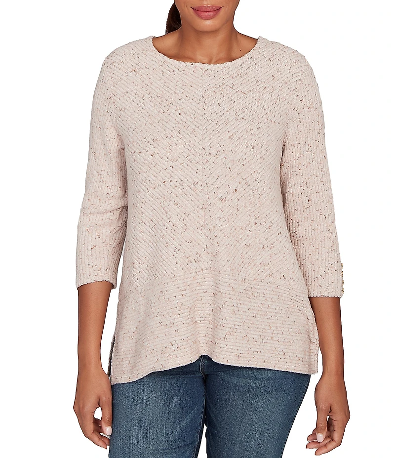 Ruby Rd. Petite Size Heather Speckeled Ribbed Knit Crew Neck 3/4 Sleeve Side Vented Top