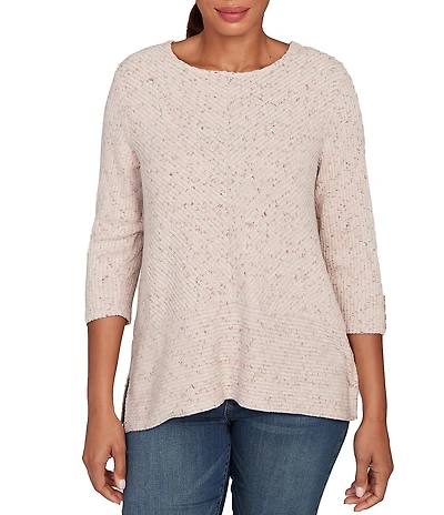 Ruby Rd. Petite Size Heather Speckeled Ribbed Knit Crew Neck 3/4 Sleeve Side Vented Top