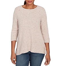 Ruby Rd. Petite Size Heather Speckeled Ribbed Knit Crew Neck 3/4 Sleeve Side Vented Top