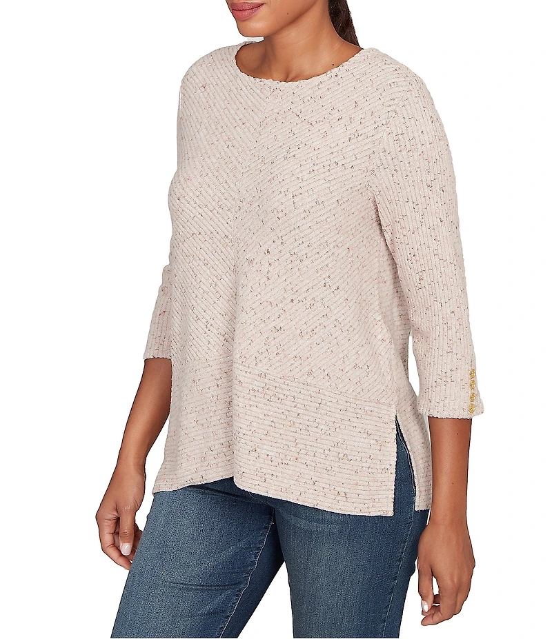 Ruby Rd. Petite Size Heather Speckeled Ribbed Knit Crew Neck 3/4 Sleeve Side Vented Top