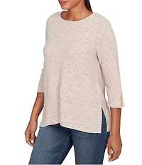 Ruby Rd. Petite Size Heather Speckeled Ribbed Knit Crew Neck 3/4 Sleeve Side Vented Top