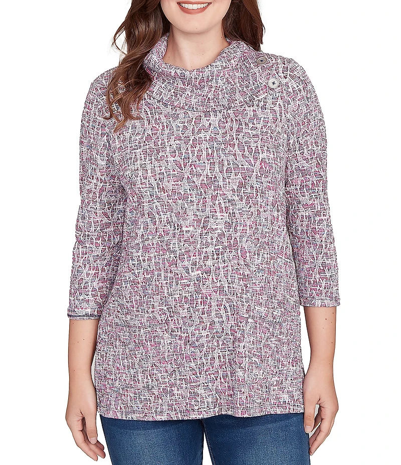Ruby Rd. Petite Size Jacquard Knit Space-Die Split Cowl Neck 3/4 Sleeve Top