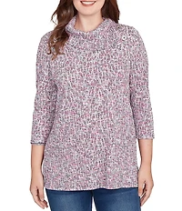 Ruby Rd. Petite Size Jacquard Knit Space-Die Split Cowl Neck 3/4 Sleeve Top