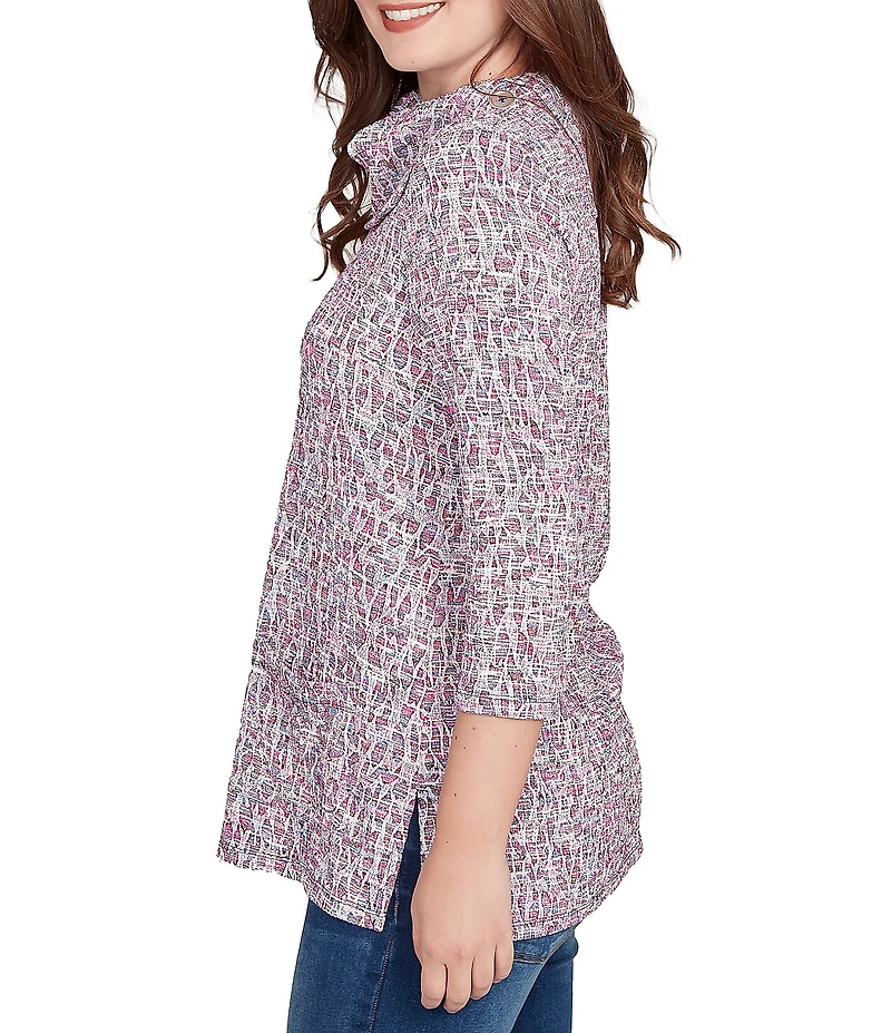 Ruby Rd. Petite Size Jacquard Knit Space-Die Split Cowl Neck 3/4 Sleeve Top