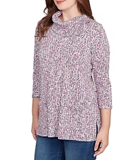 Ruby Rd. Petite Size Jacquard Knit Space-Die Split Cowl Neck 3/4 Sleeve Top