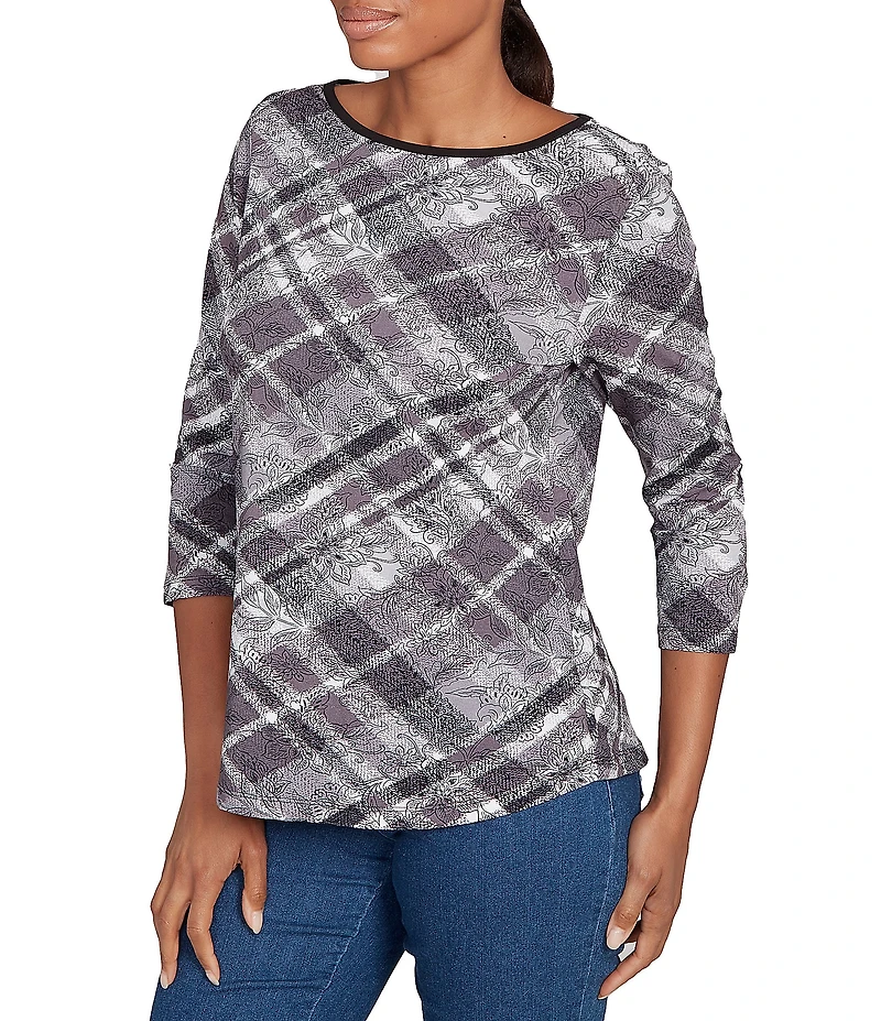 Ruby Rd. Petite Size Jersey Knit Distressed Plaid Boat Neck 3/4 Sleeve Top