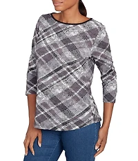 Ruby Rd. Petite Size Jersey Knit Distressed Plaid Boat Neck 3/4 Sleeve Top