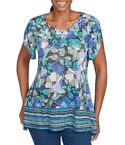 Ruby Rd. Petite Size Jersey Knit Floral Stripe Border Print Round Neck Short Sleeve Sharkbite Hem Top