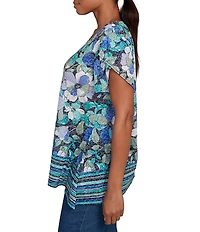Ruby Rd. Petite Size Jersey Knit Floral Stripe Border Print Round Neck Short Sleeve Sharkbite Hem Top