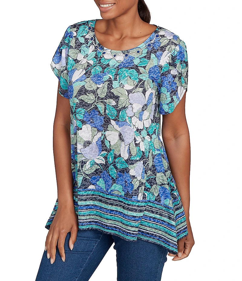 Ruby Rd. Petite Size Jersey Knit Floral Stripe Border Print Round Neck Short Sleeve Sharkbite Hem Top