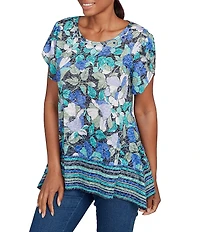 Ruby Rd. Petite Size Jersey Knit Floral Stripe Border Print Round Neck Short Sleeve Sharkbite Hem Top