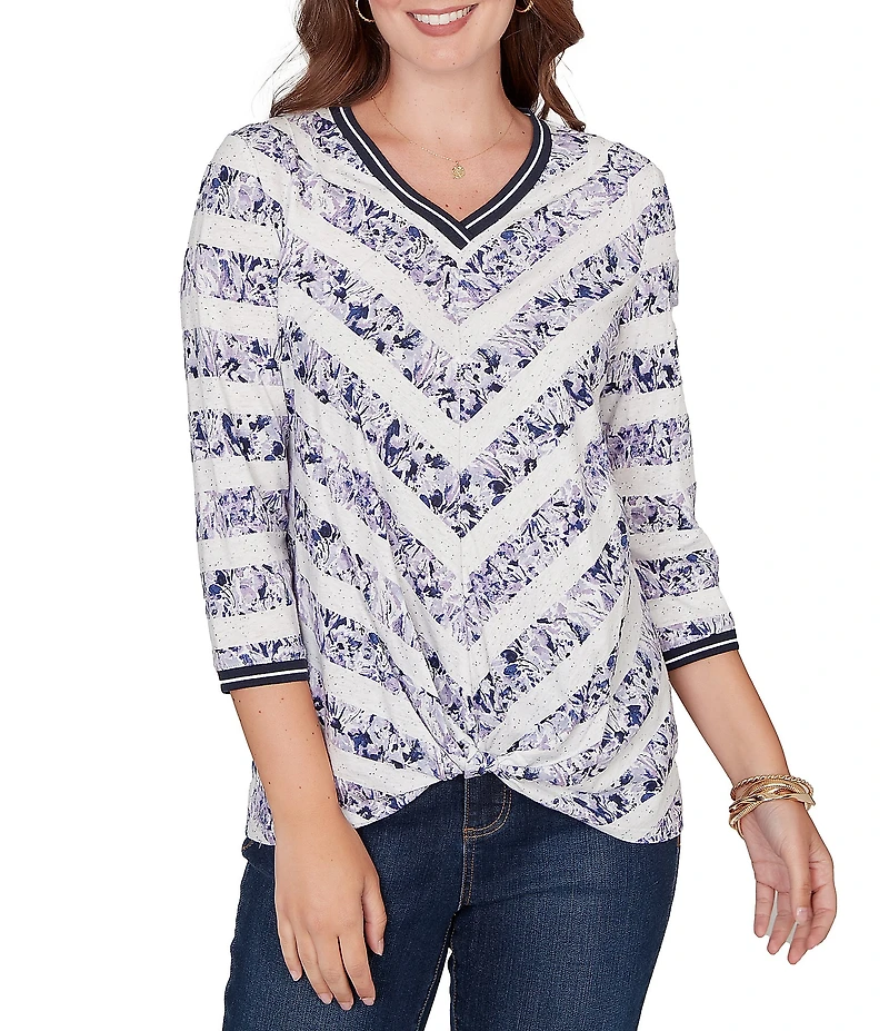 Ruby Rd. Petite Size Jersey Knit Floral Stripe Contrast Tipping Twist Front Hem Top