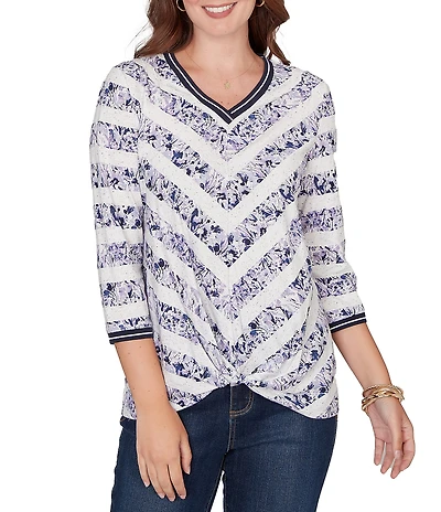 Ruby Rd. Petite Size Jersey Knit Floral Stripe Contrast Tipping Twist Front Hem Top