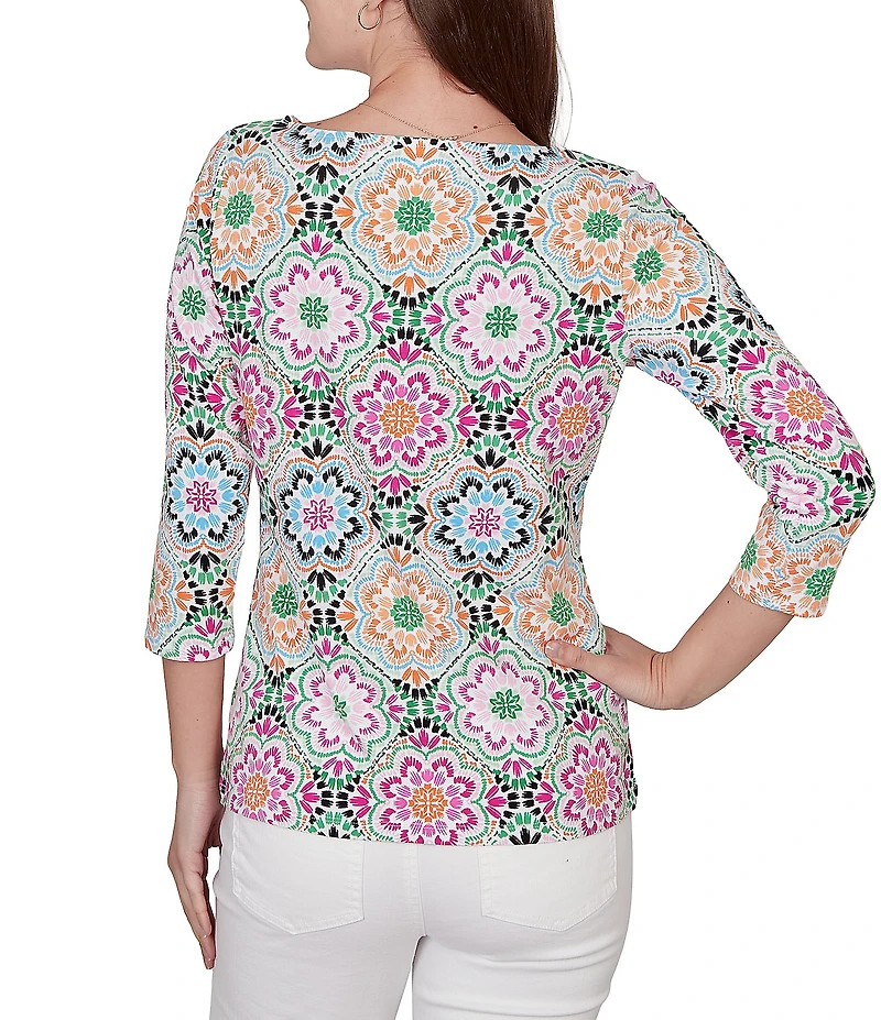 Ruby Rd. Petite Size Kaleidoscope Floral Print Boat Neck 3/4 Sleeve Top