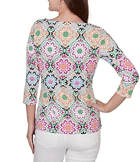 Ruby Rd. Petite Size Kaleidoscope Floral Print Boat Neck 3/4 Sleeve Top