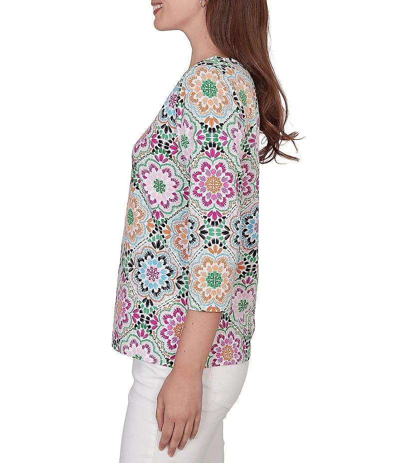 Ruby Rd. Petite Size Kaleidoscope Floral Print Boat Neck 3/4 Sleeve Top