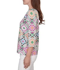 Ruby Rd. Petite Size Kaleidoscope Floral Print Boat Neck 3/4 Sleeve Top