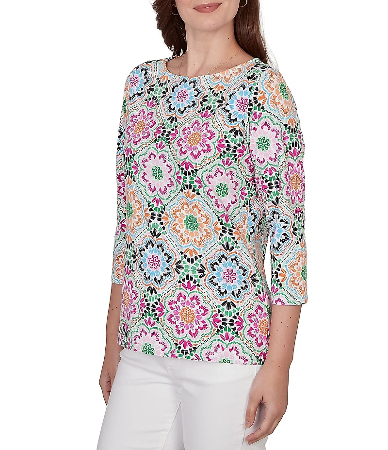 Ruby Rd. Petite Size Kaleidoscope Floral Print Boat Neck 3/4 Sleeve Top