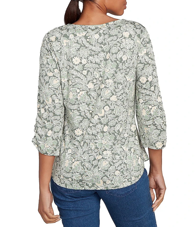Ruby Rd. Petite Size Knit Asymmetrical V-Neck 3/4 Sleeve Floral Dewdrop Embellished Top