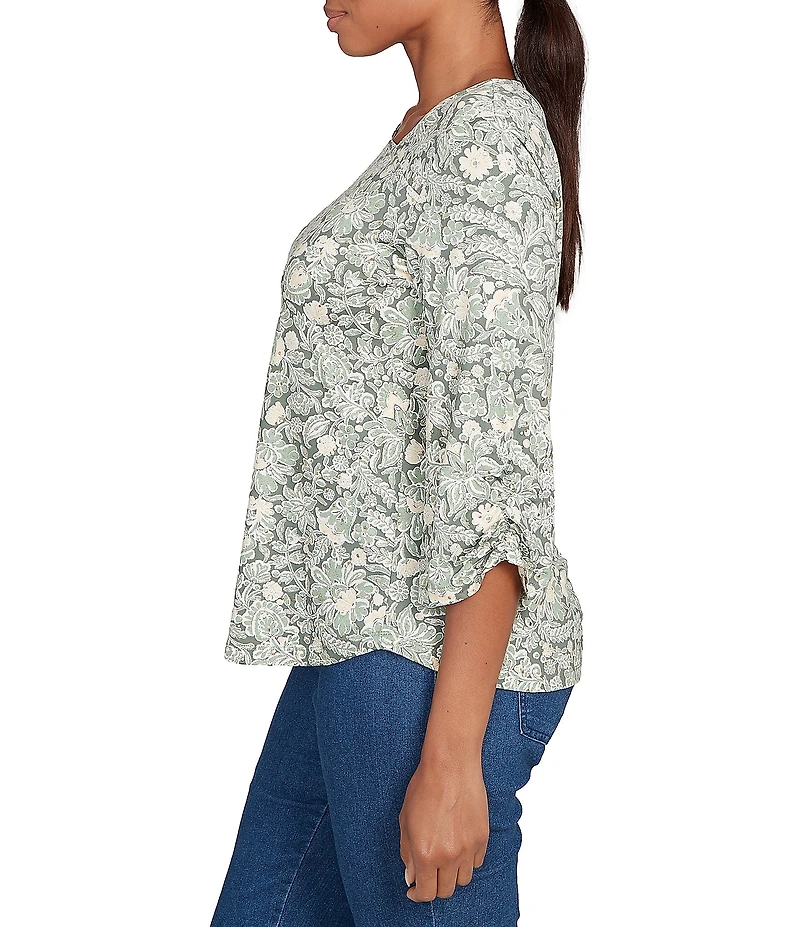 Ruby Rd. Petite Size Knit Asymmetrical V-Neck 3/4 Sleeve Floral Dewdrop Embellished Top