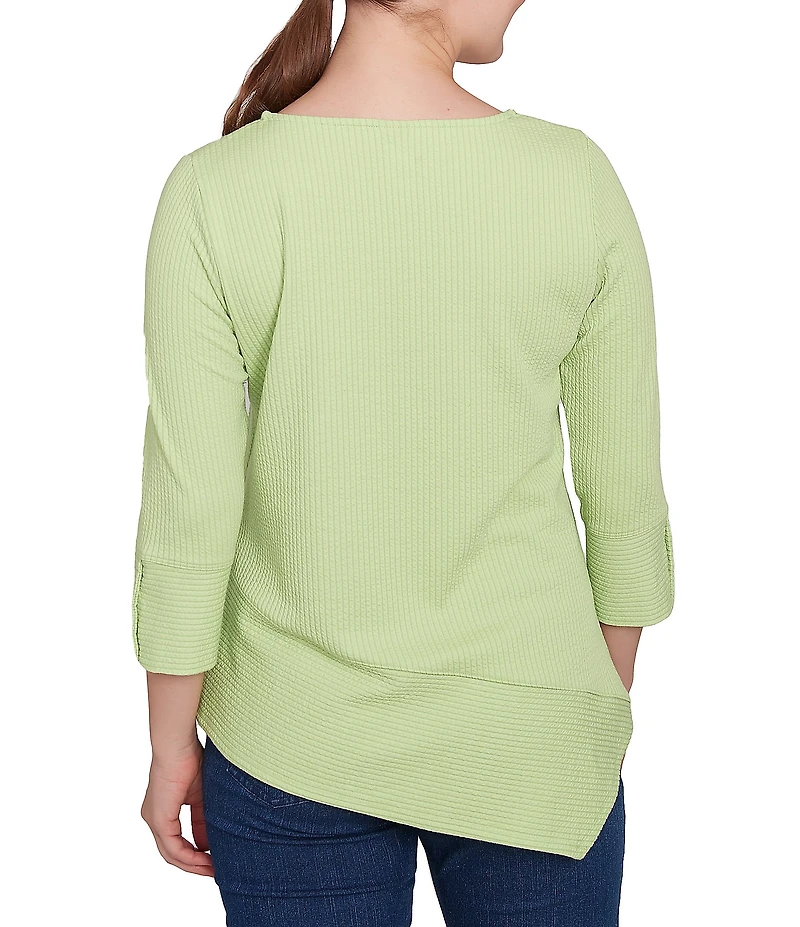 Ruby Rd. Petite Size Knit Cable Stripe Square Neck 3/4 Sleeve Asymmetric Hem Top