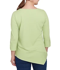 Ruby Rd. Petite Size Knit Cable Stripe Square Neck 3/4 Sleeve Asymmetric Hem Top