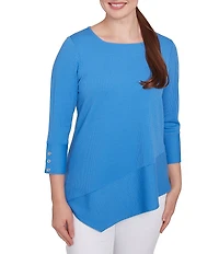 Ruby Rd. Petite Size Knit Cable Stripe Square Neck 3/4 Sleeve Asymmetric Hem Top