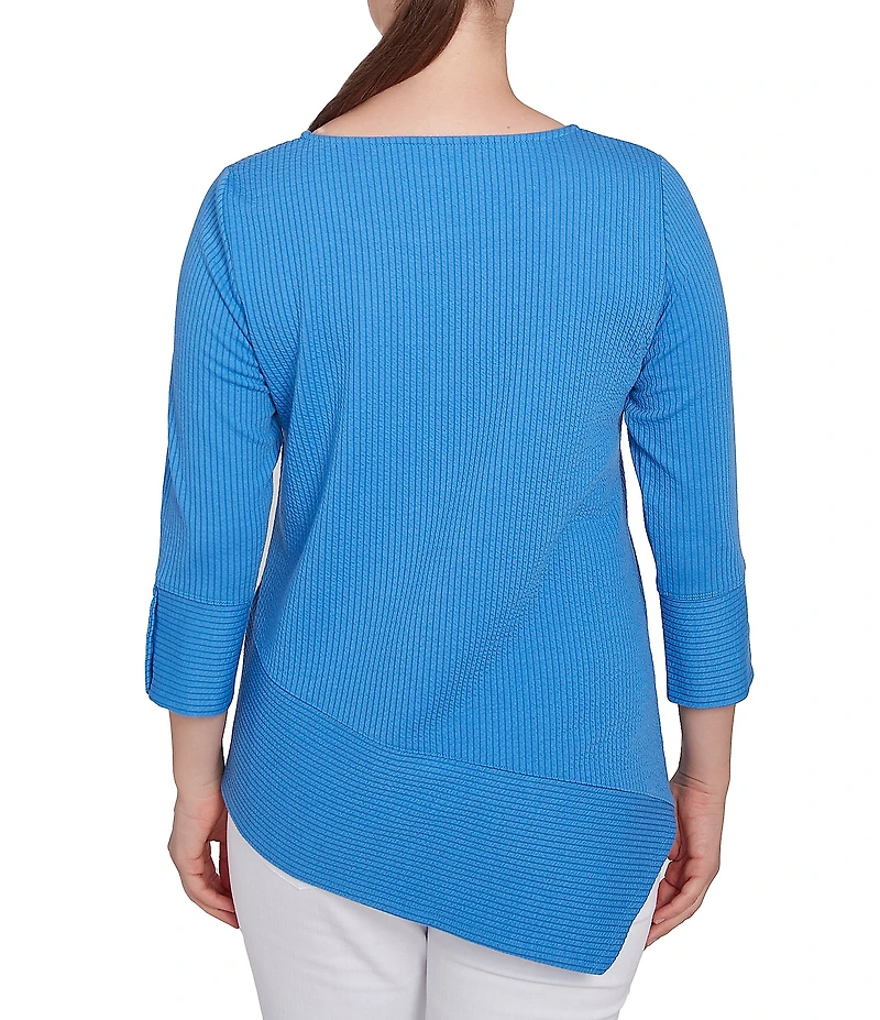 Ruby Rd. Petite Size Knit Cable Stripe Square Neck 3/4 Sleeve Asymmetric Hem Top