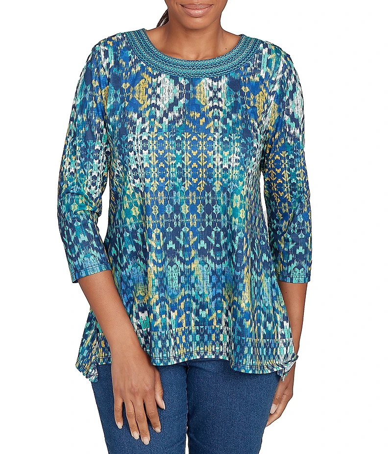 Ruby Rd. Petite Size Knit Crew Neck 3/4 Sleeve Kaleidoscope Top