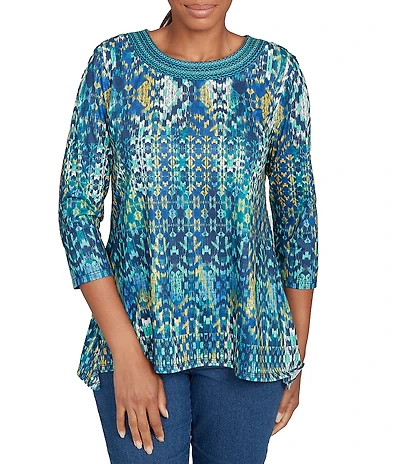 Ruby Rd. Petite Size Knit Crew Neck 3/4 Sleeve Kaleidoscope Top