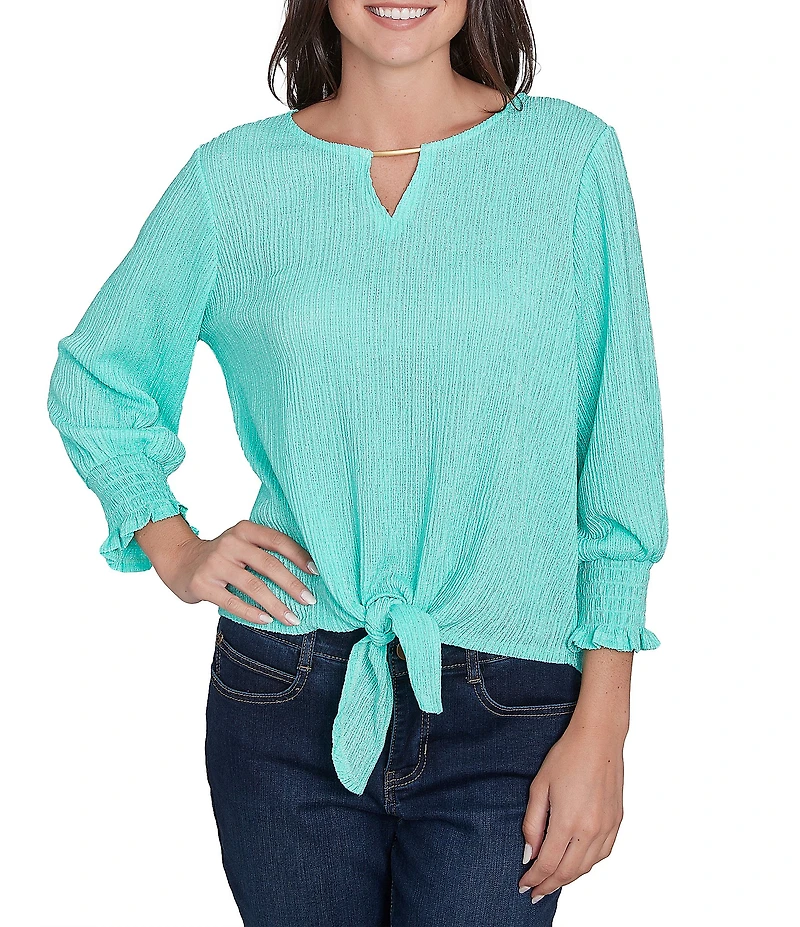 Ruby Rd. Petite Size Knit Crinkle Keyhole Neck Bar 3/4 Sleeve Tie-Front Top