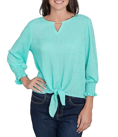 Ruby Rd. Petite Size Knit Crinkle Keyhole Neck Bar 3/4 Sleeve Tie-Front Top