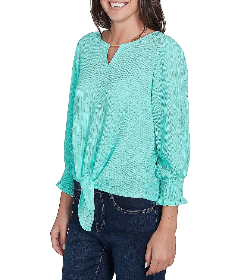 Ruby Rd. Petite Size Knit Crinkle Keyhole Neck Bar 3/4 Sleeve Tie-Front Top