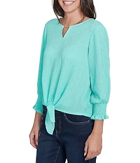 Ruby Rd. Petite Size Knit Crinkle Keyhole Neck Bar 3/4 Sleeve Tie-Front Top