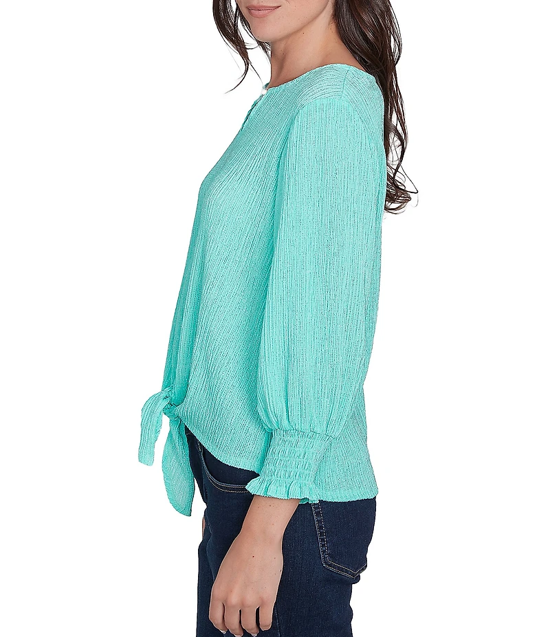 Ruby Rd. Petite Size Knit Crinkle Keyhole Neck Bar 3/4 Sleeve Tie-Front Top