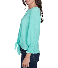 Ruby Rd. Petite Size Knit Crinkle Keyhole Neck Bar 3/4 Sleeve Tie-Front Top