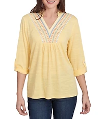 Ruby Rd. Petite Size Knit Embroidery V-Neck 3/4 Roll-Tab Sleeve Top